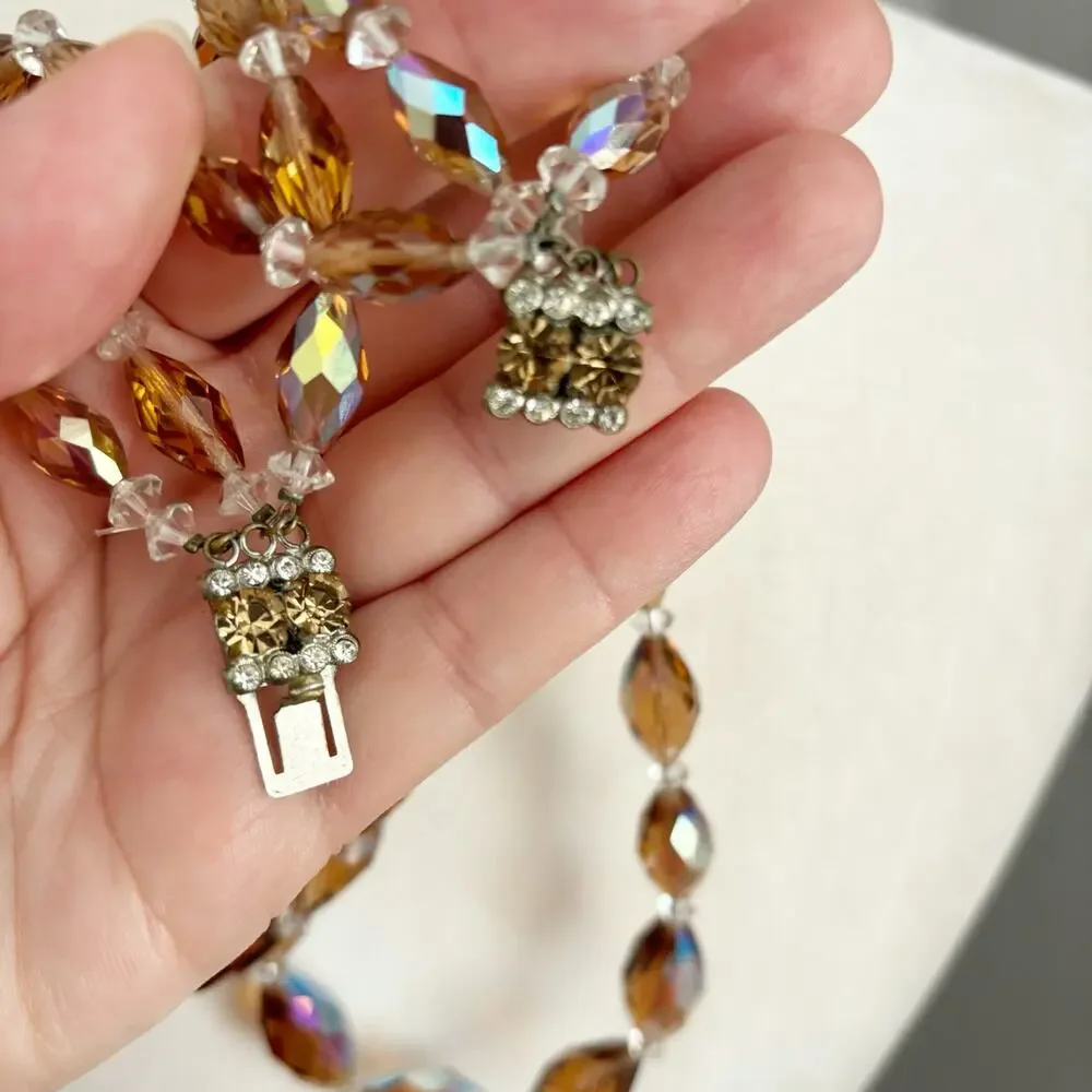Vintage 1950s AB Crystal Triple Strand Necklace Amber Smokey Topaz Gold - Picture 7 of 12